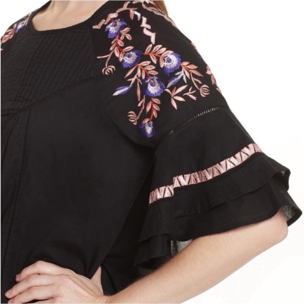 Free People Black‎ Floral Embroidered Mini Dress Boho Ruffle Bell Sleeve Pintuck - Picture 4 of 16